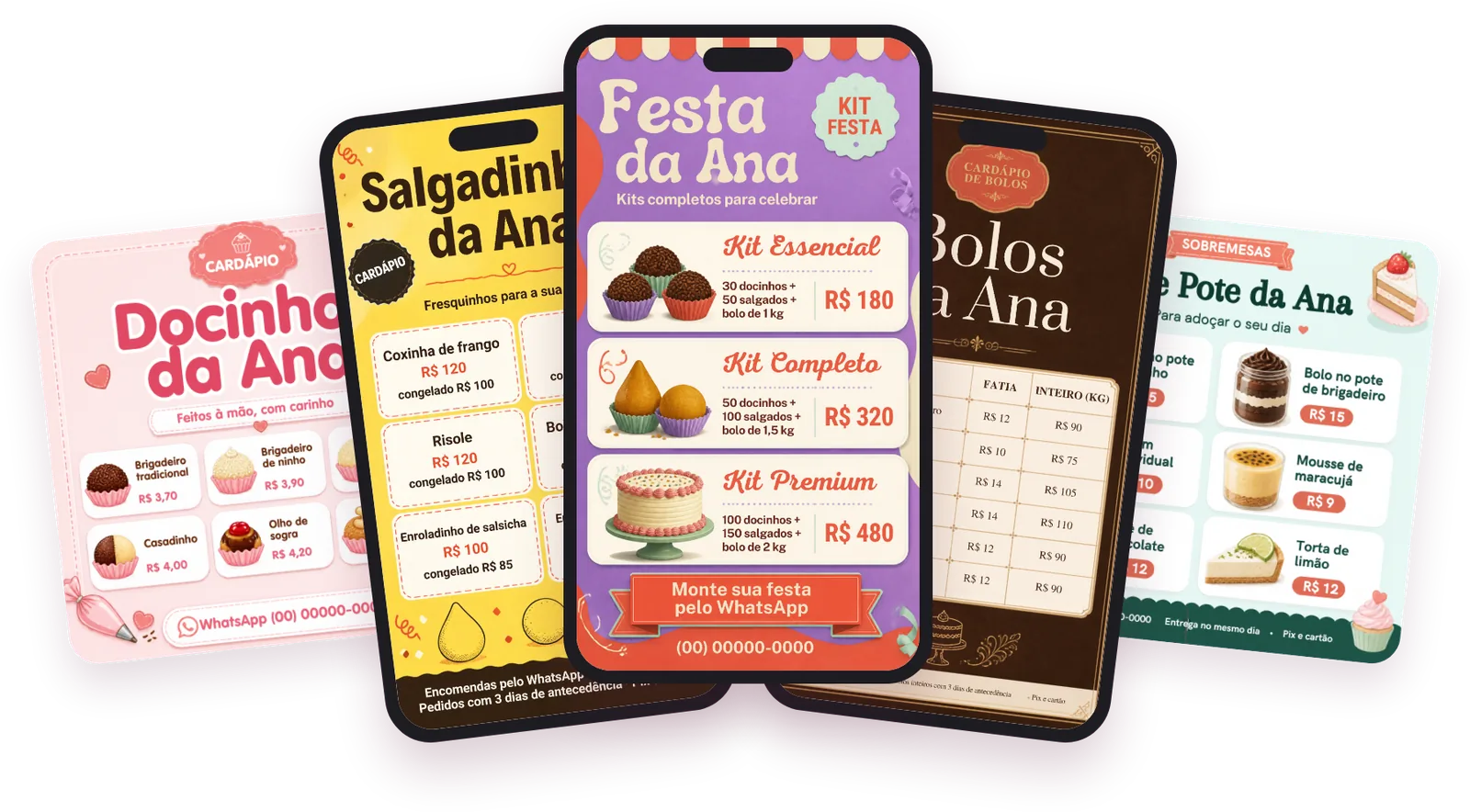 Cardápios de docinhos, salgadinhos, kit festa, bolos e sobremesas em celulares e posts