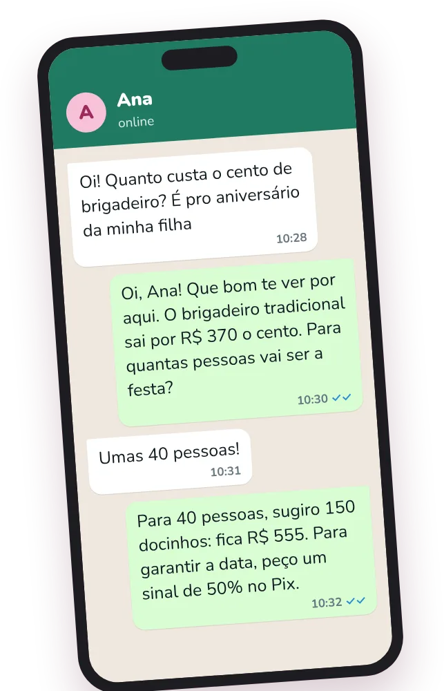 Celular com uma conversa de WhatsApp passando o preço para a cliente