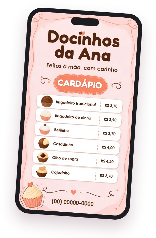 Cardápio de docinhos aberto no celular