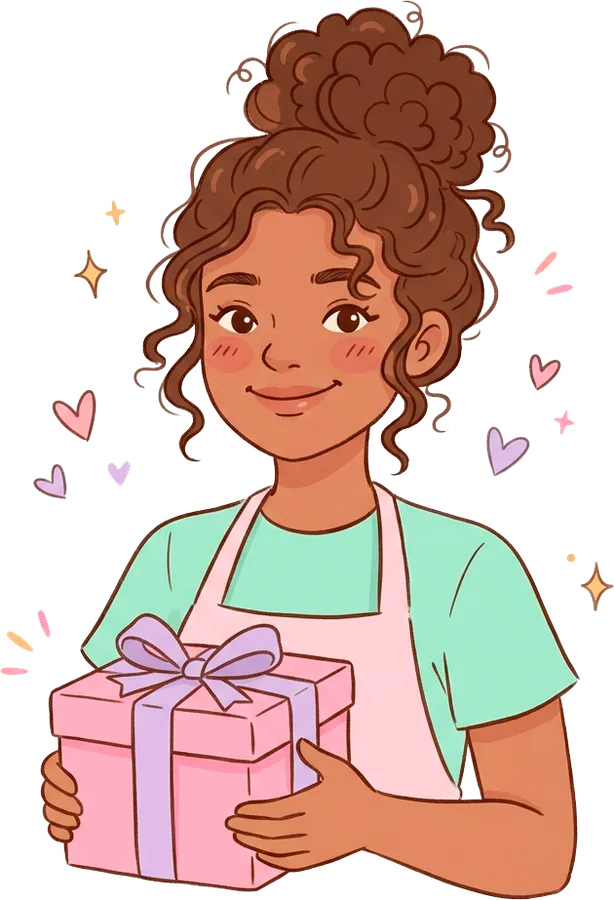 Confeiteira sorrindo com uma caixa de encomenda