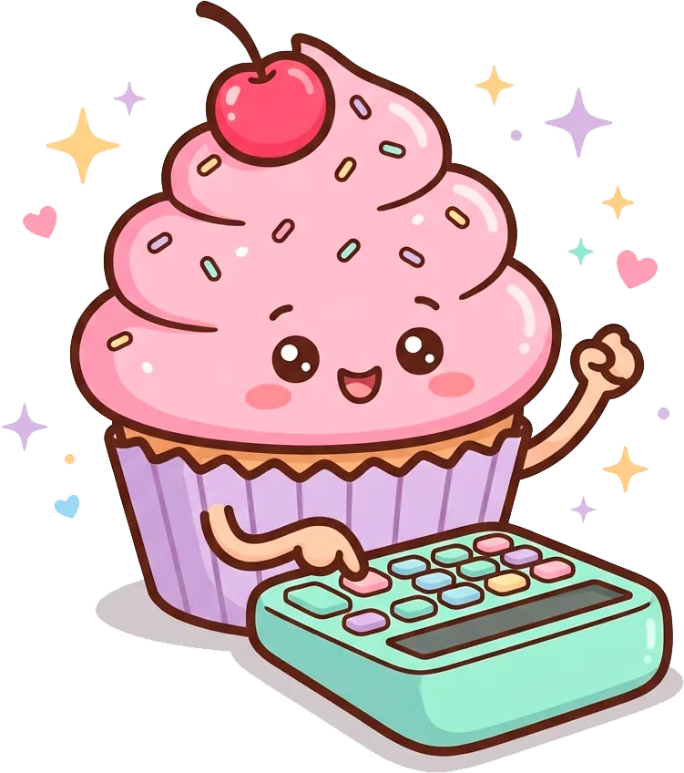 Cupcake sorridente fazendo contas numa calculadora
