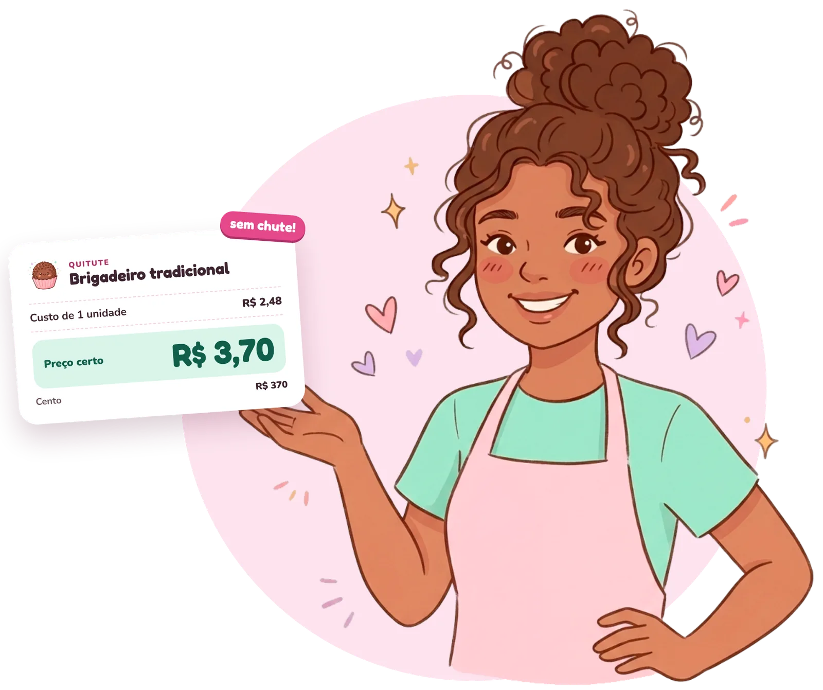 Confeiteira sorridente apresentando a planilha que mostra o preço certo de R$ 3,70