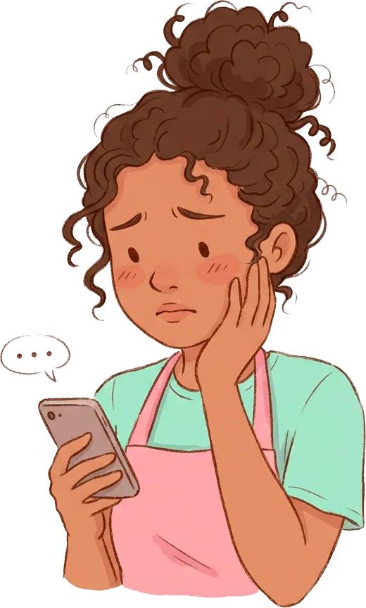 Confeiteira olhando o celular, preocupada